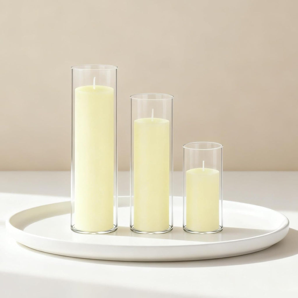 12-Pack Pillar Candles & 12-Pack Glass Cylinder Hurricane Candles Decor Set-Mixed Heights