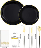 350PCS Black and Gold Plates Set Heavyweight Disposable Dinnerware | Fancy Plastic Dinnerware Sets with White Handle Gold Cutlery Cups Napkins for Wedding Reception & Graduation Party Decor