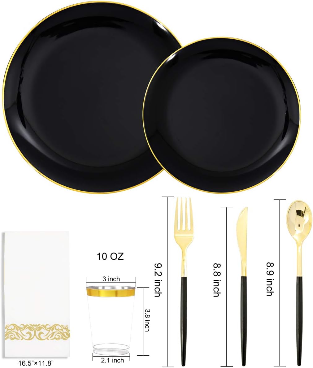 350PCS Black and Gold Plates Set Heavyweight Disposable Dinnerware | Fancy Plastic Dinnerware Sets with White Handle Gold Cutlery Cups Napkins for Wedding Reception & Graduation Party Decor