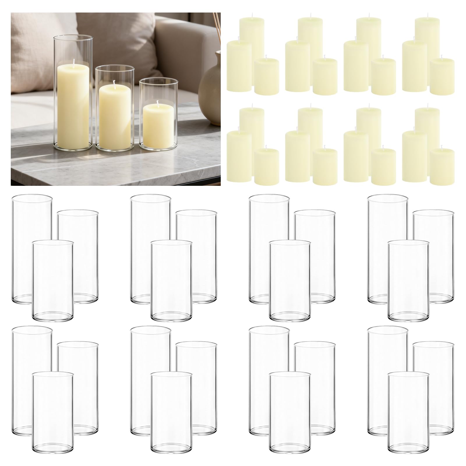 12-Pack Pillar Candles & 12-Pack Glass Cylinder Hurricane Candles Decor Set-Mixed Heights