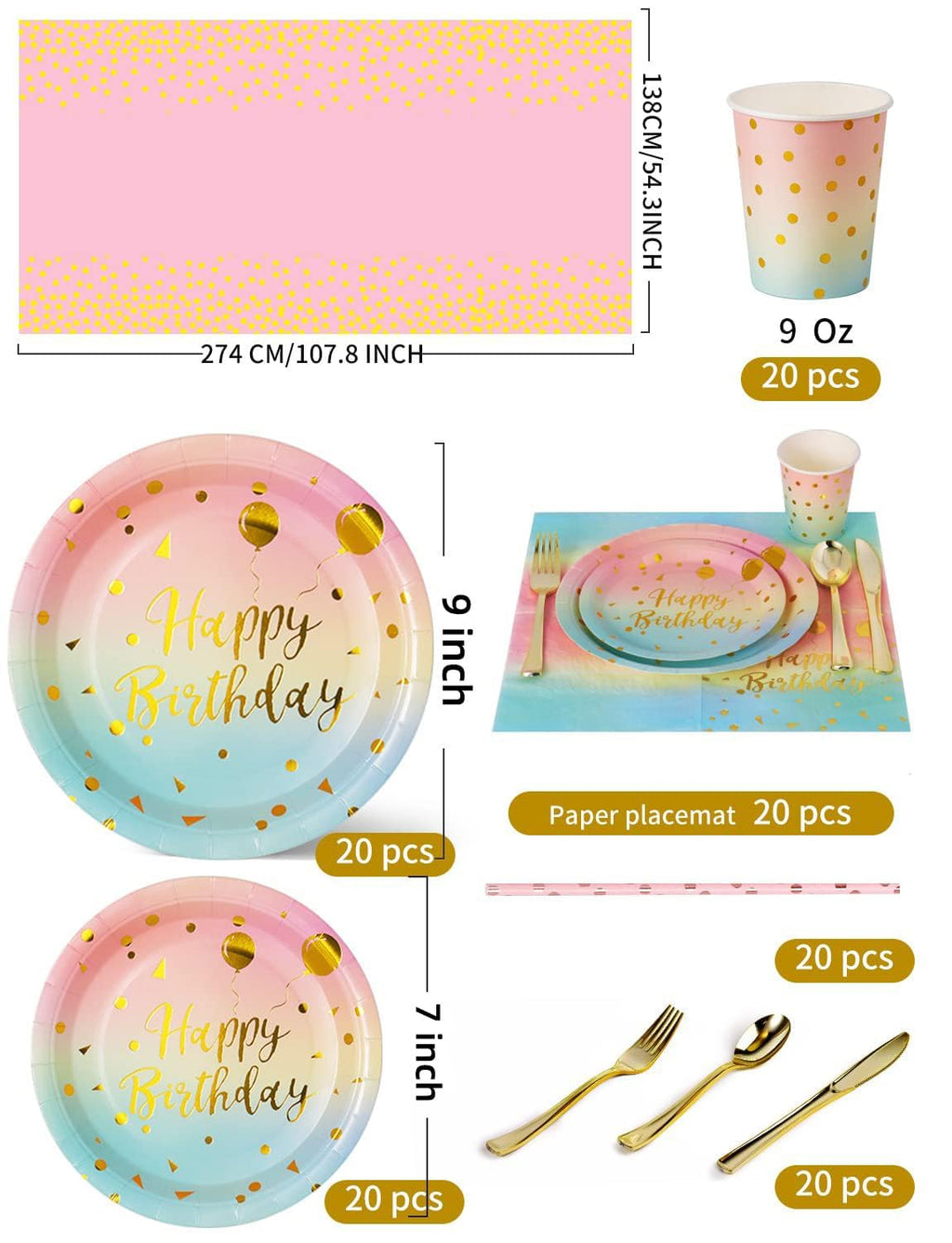 Nkaiso 161 Pcs Purple Gold Birthday Plates and Napkins Set -20 Serves | Party Supplies Set with Paper Plates Cups Napkins & Silverware, for Birthday Party Decorations