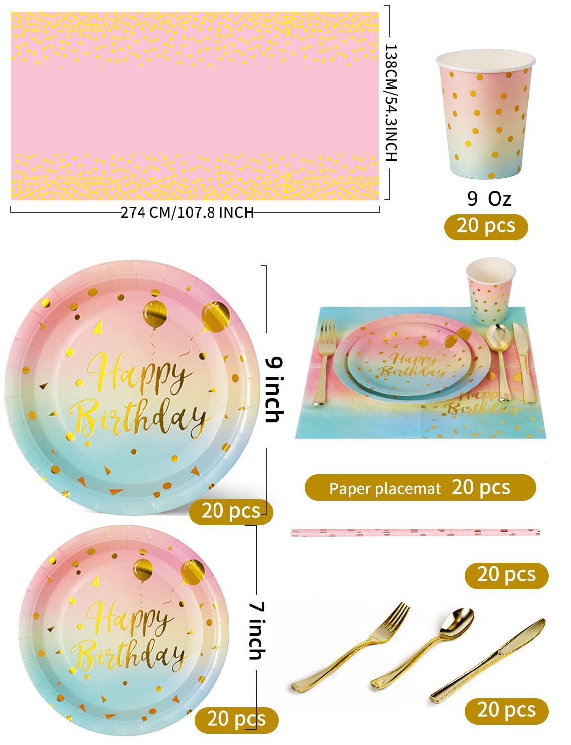 Nkaiso 161 Pcs Purple Gold Birthday Plates and Napkins Set -20 Serves | Party Supplies Set with Paper Plates Cups Napkins & Silverware, for Birthday Party Decorations