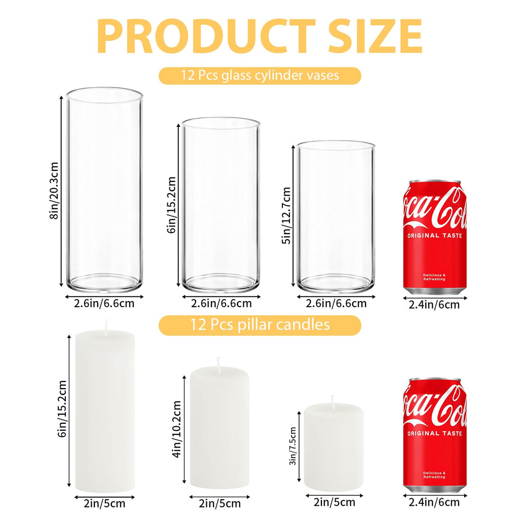 12-Pack Pillar Candles & 12-Pack Glass Cylinder Hurricane Candles Decor Set-Mixed Heights