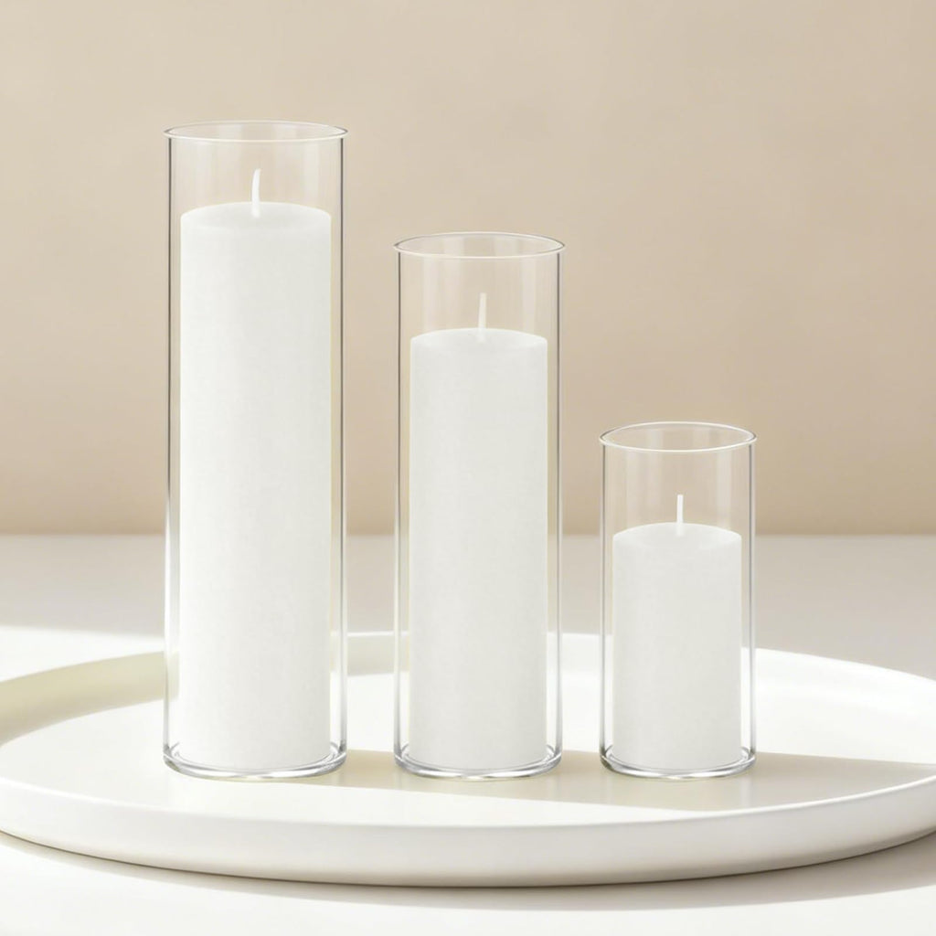 12-Pack Pillar Candles & 12-Pack Glass Cylinder Hurricane Candles Decor Set-Mixed Heights