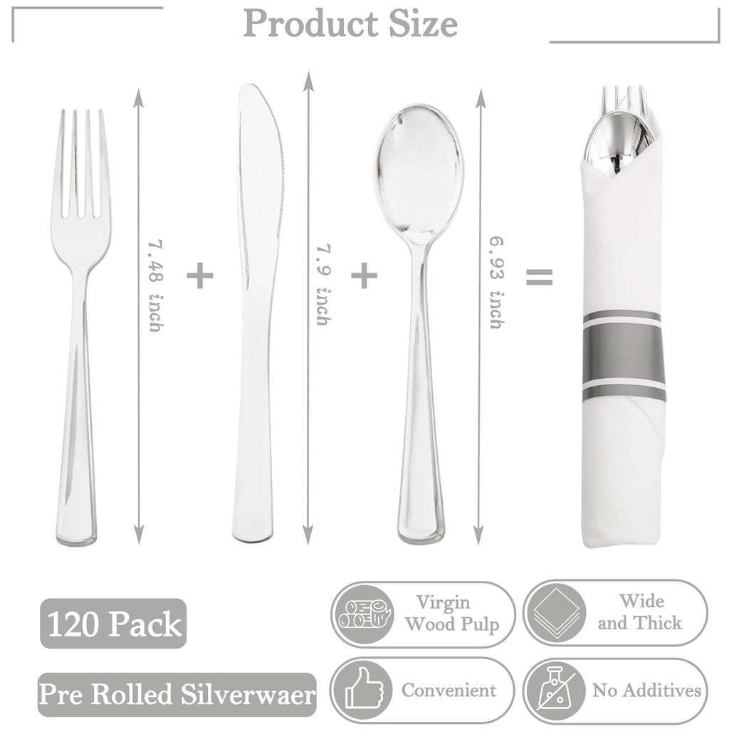 120 Pack Black Plastic Silverware Rolled Silverware Disposable | Pre Rolled Silverware Set Disposable Wrapped Cutlery Set for Catering, Parties, Wedding, Birthday& Special Events