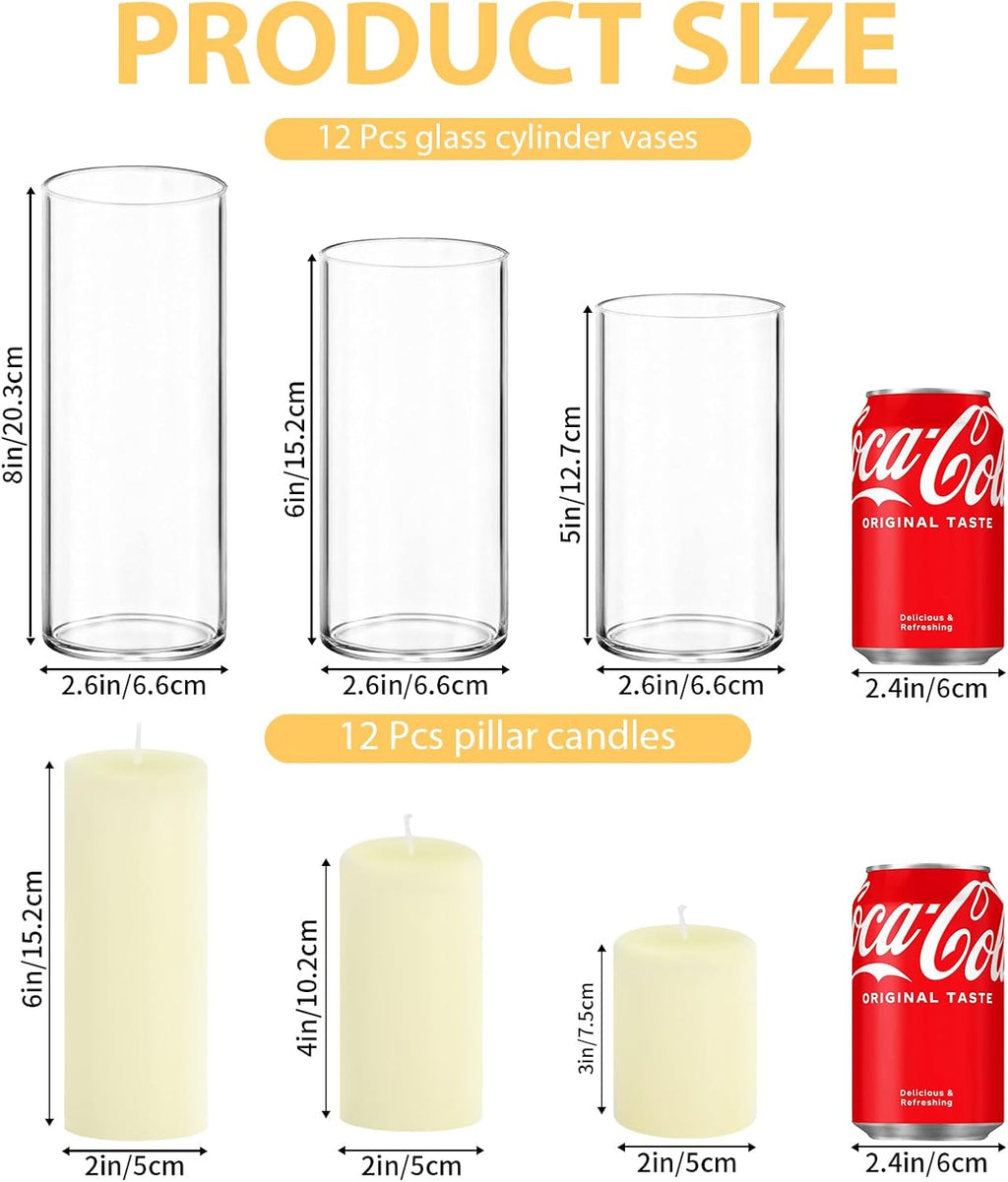 12-Pack Pillar Candles & 12-Pack Glass Cylinder Hurricane Candles Decor Set-Mixed Heights