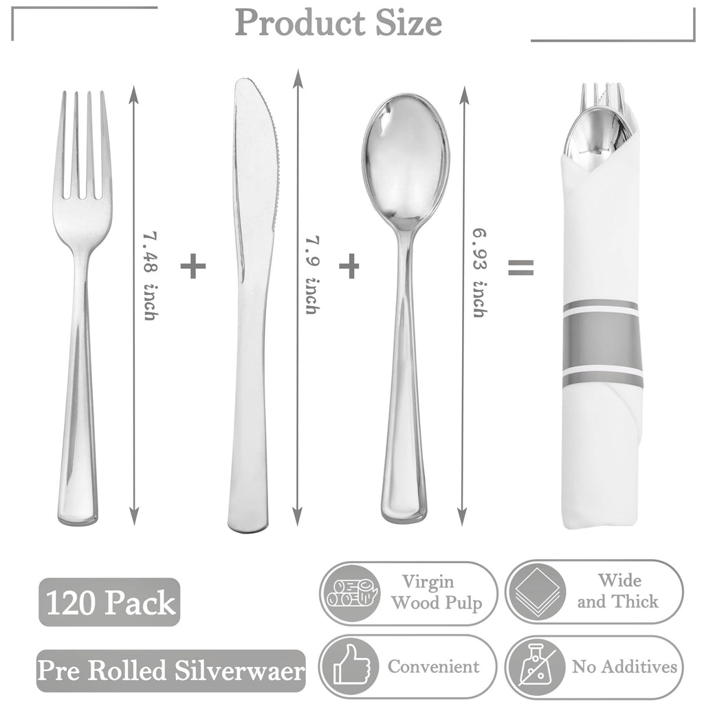 120 Pack Black Plastic Silverware Rolled Silverware Disposable | Pre Rolled Silverware Set Disposable Wrapped Cutlery Set for Catering, Parties, Wedding, Birthday& Special Events