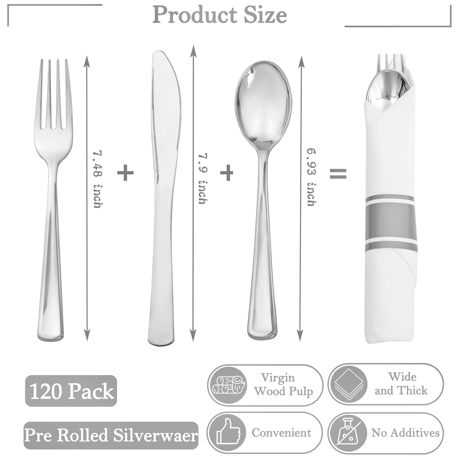 120 Pack Black Plastic Silverware Rolled Silverware Disposable | Pre Rolled Silverware Set Disposable Wrapped Cutlery Set for Catering, Parties, Wedding, Birthday& Special Events