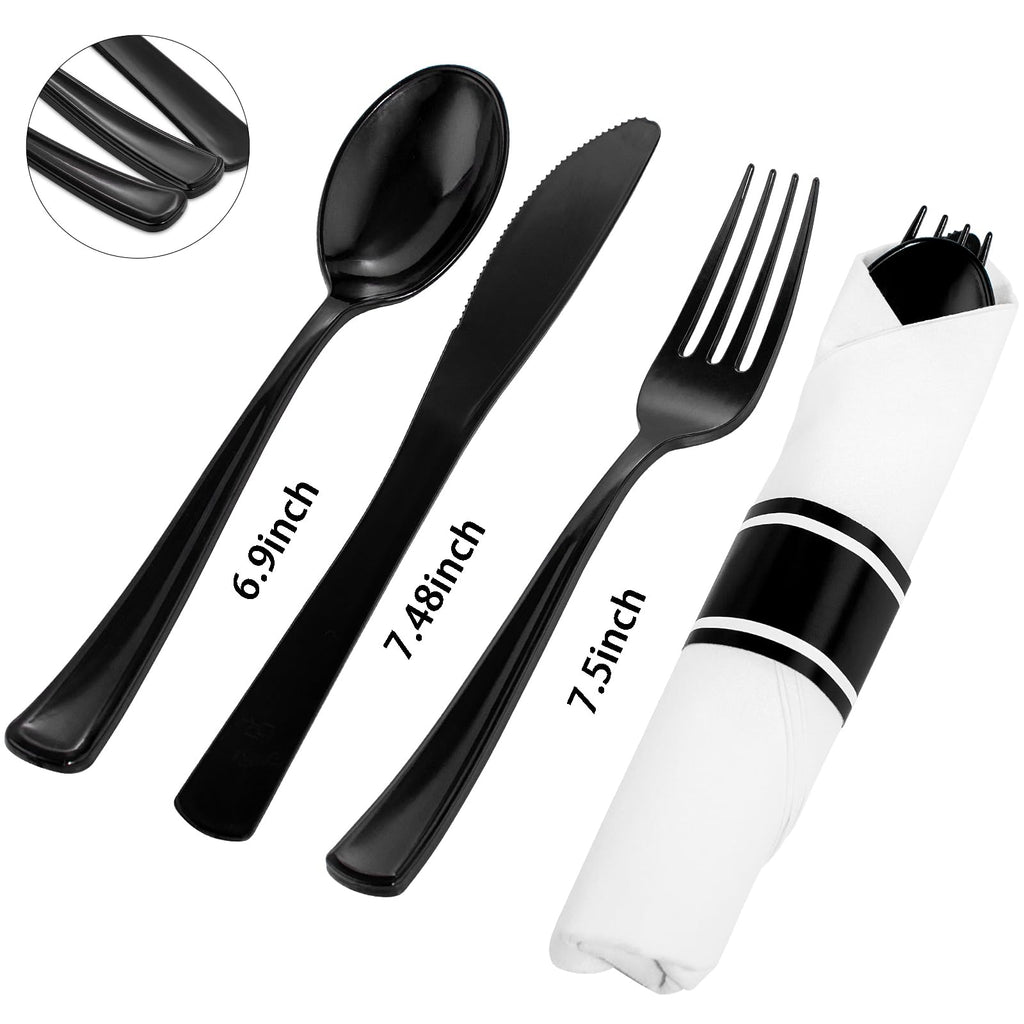 120 Pack Black Plastic Silverware Rolled Silverware Disposable | Pre Rolled Silverware Set Disposable Wrapped Cutlery Set for Catering, Parties, Wedding, Birthday& Special Events