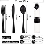 120 Pack Black Plastic Silverware Rolled Silverware Disposable | Pre Rolled Silverware Set Disposable Wrapped Cutlery Set for Catering, Parties, Wedding, Birthday& Special Events