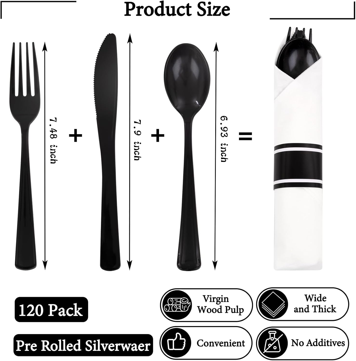 120 Pack Black Plastic Silverware Rolled Silverware Disposable | Pre Rolled Silverware Set Disposable Wrapped Cutlery Set for Catering, Parties, Wedding, Birthday& Special Events