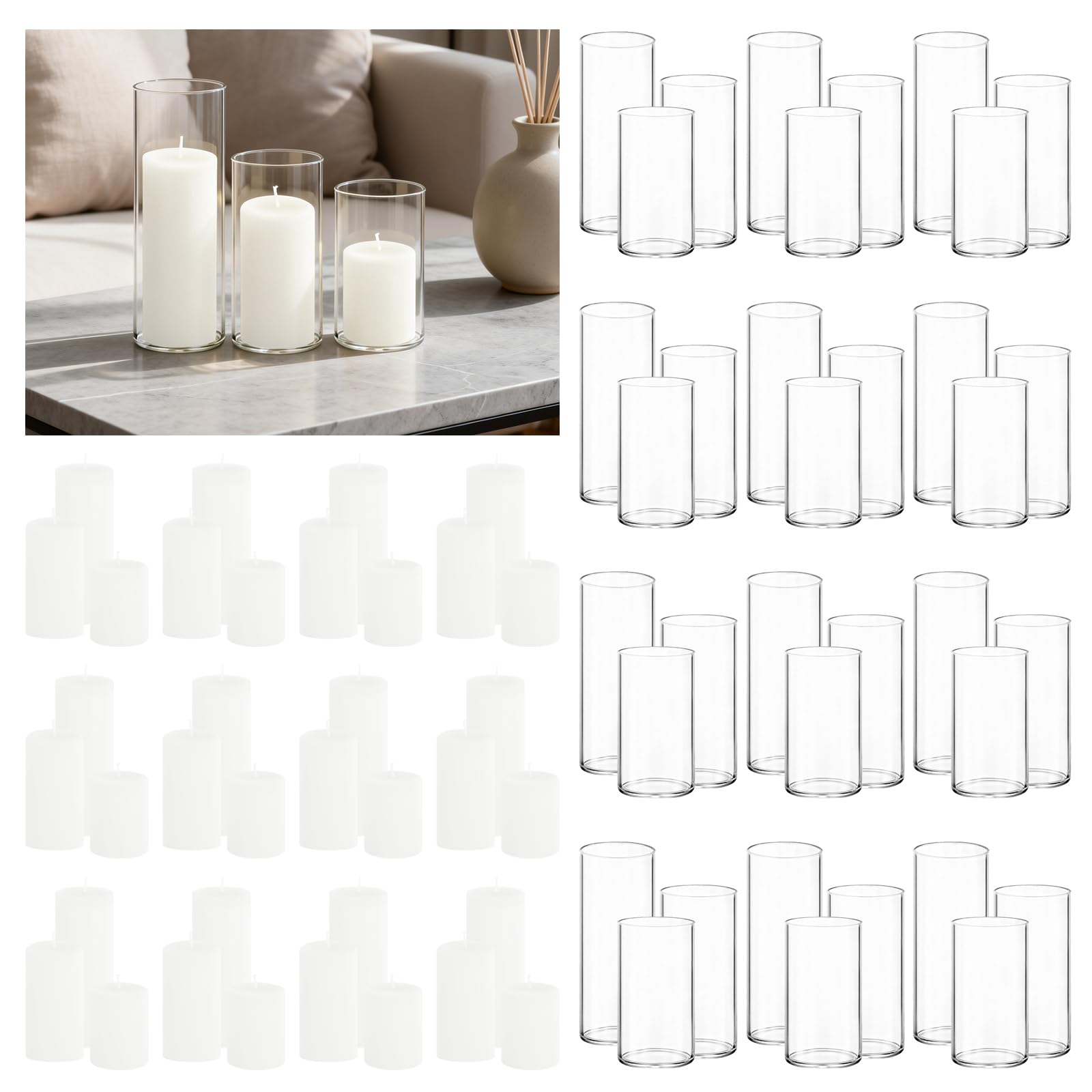 12-Pack Pillar Candles & 12-Pack Glass Cylinder Hurricane Candles Decor Set-Mixed Heights