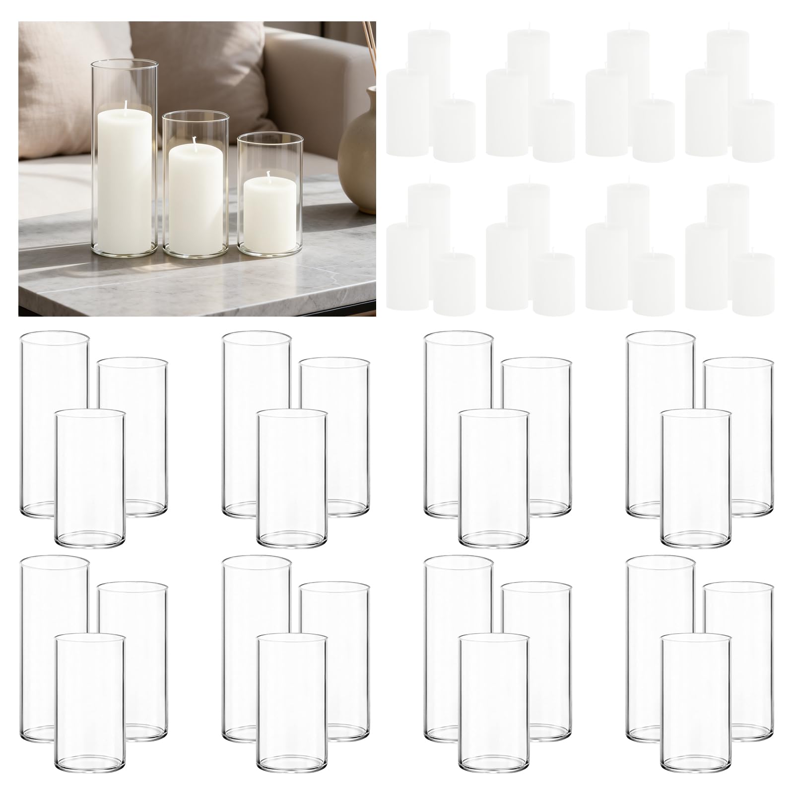 12-Pack Pillar Candles & 12-Pack Glass Cylinder Hurricane Candles Decor Set-Mixed Heights