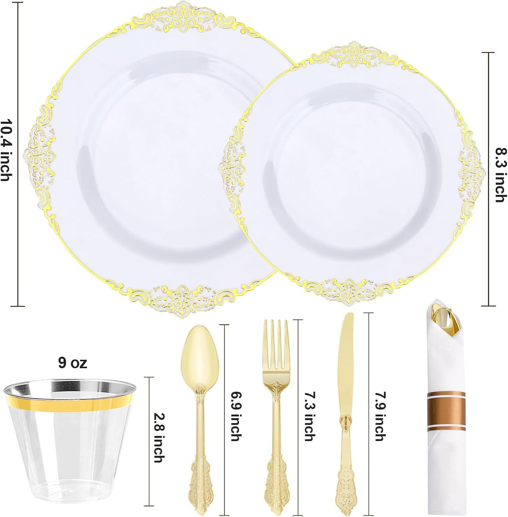 realluck 175 Piece Green and Gold Dinnerware Set for 25 Guests | Disposable Dinnerware Includes: 50 Disposable Plates, 75 Silverwares, 25 Cups, 25 Napkins for Party, Wedding, Graduation