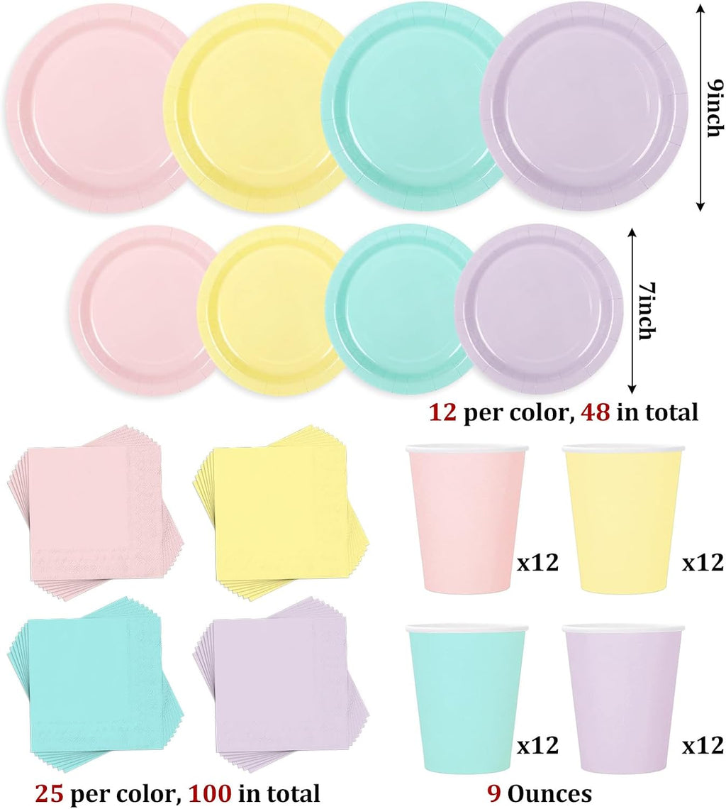 Whaline 244 Pcs Neon Party Supplies Set Include 7 & 9 Inch Rainbow Color Paper Plates Napkins 9oz Cups Disposable Dinnerware for Neon Glow Birthday Baby Shower Wedding Picnic Party, Serves 48 Guests