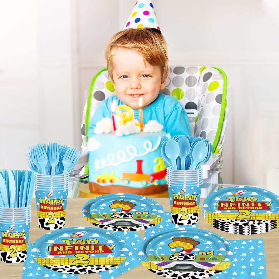 168Pcs 2nd Birthday Paper Plates Napkins Two Years Old Party Supplies | Disposable Tableware Set for Boys Birthday Party Serve 24 Guests
