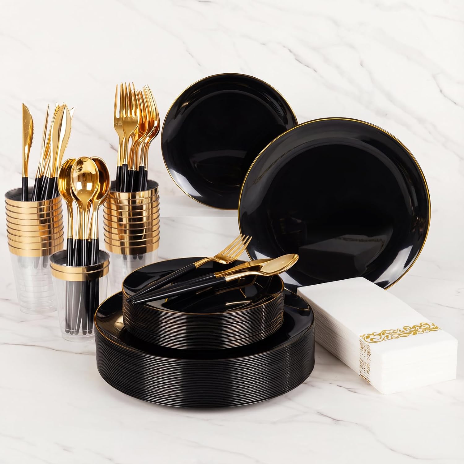 350PCS Black and Gold Plates Set Heavyweight Disposable Dinnerware | Fancy Plastic Dinnerware Sets with White Handle Gold Cutlery Cups Napkins for Wedding Reception & Graduation Party Decor