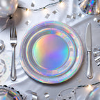 Purple Iridescent Paper Plates & Napkins Set, 75pcs Disposable Party Tableware with 9" Dinner Plates, 7" Dessert Plates & 6.5" Napkins, Holographic Dot Design for Birthday, Music Theme, Night Party