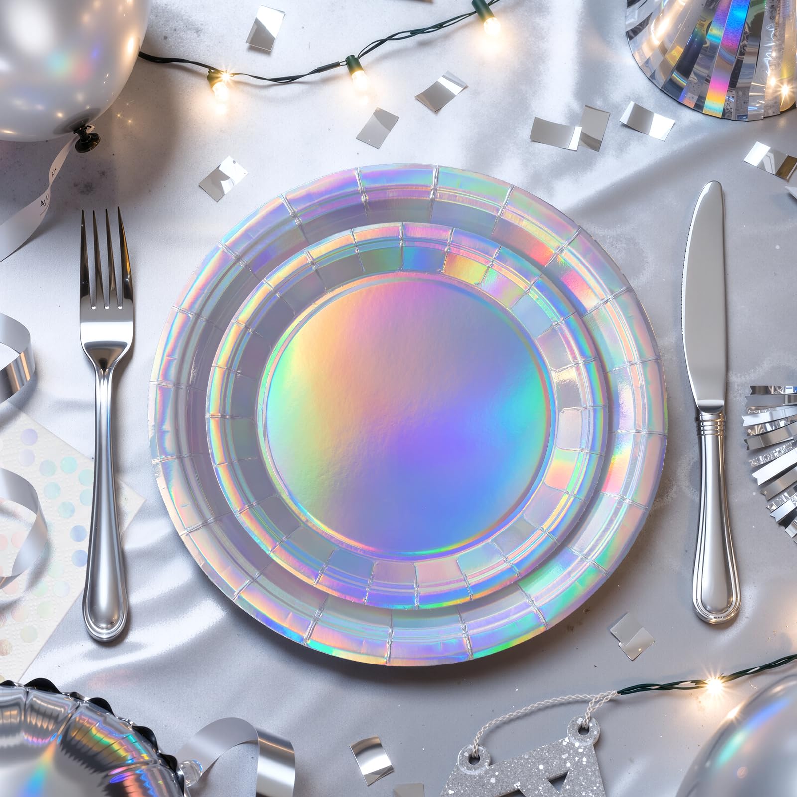 Purple Iridescent Paper Plates & Napkins Set, 75pcs Disposable Party Tableware with 9" Dinner Plates, 7" Dessert Plates & 6.5" Napkins, Holographic Dot Design for Birthday, Music Theme, Night Party