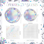 Purple Iridescent Paper Plates & Napkins Set, 75pcs Disposable Party Tableware with 9" Dinner Plates, 7" Dessert Plates & 6.5" Napkins, Holographic Dot Design for Birthday, Music Theme, Night Party