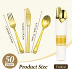 Gold Plastic Silverware 50 Guests Wrapped Cutlery Set Disposable | Pre Rolled Silverware Set Include 50 Forks,50 Knives,50 Spoons and 50 Napkins Heavy Duty Disposable Utensils for Party
