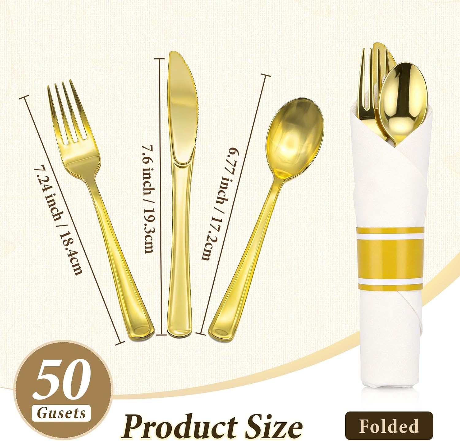 Gold Plastic Silverware 50 Guests Wrapped Cutlery Set Disposable | Pre Rolled Silverware Set Include 50 Forks,50 Knives,50 Spoons and 50 Napkins Heavy Duty Disposable Utensils for Party