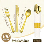 Gold Plastic Silverware 50 Guests Wrapped Cutlery Set Disposable | Pre Rolled Silverware Set Include 50 Forks,50 Knives,50 Spoons and 50 Napkins Heavy Duty Disposable Utensils for Party