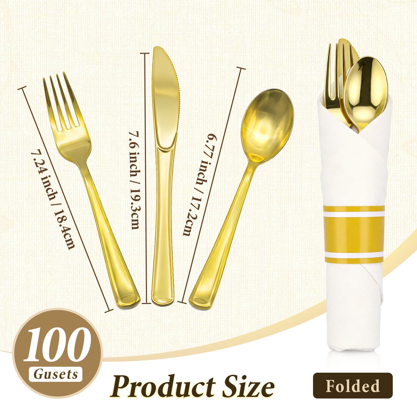 Gold Plastic Silverware 50 Guests Wrapped Cutlery Set Disposable | Pre Rolled Silverware Set Include 50 Forks,50 Knives,50 Spoons and 50 Napkins Heavy Duty Disposable Utensils for Party