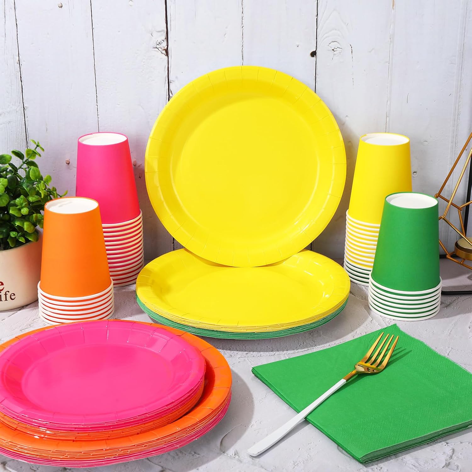 Whaline 244 Pcs Neon Party Supplies Set Include 7 & 9 Inch Rainbow Color Paper Plates Napkins 9oz Cups Disposable Dinnerware for Neon Glow Birthday Baby Shower Wedding Picnic Party, Serves 48 Guests