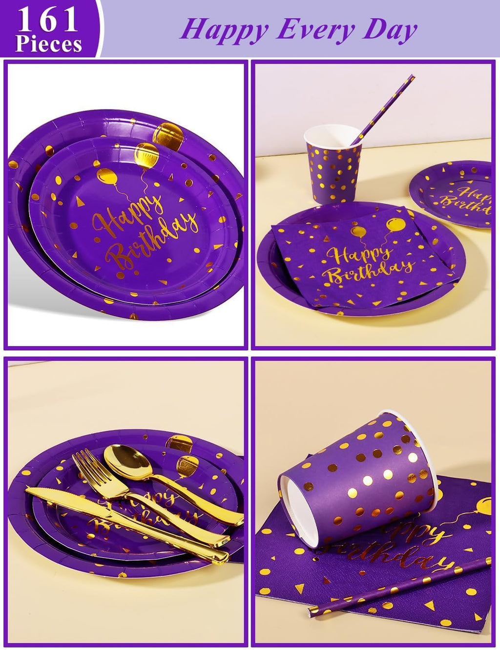 Nkaiso 161 Pcs Purple Gold Birthday Plates and Napkins Set -20 Serves | Party Supplies Set with Paper Plates Cups Napkins & Silverware, for Birthday Party Decorations