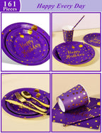 Nkaiso 161 Pcs Purple Gold Birthday Plates and Napkins Set -20 Serves | Party Supplies Set with Paper Plates Cups Napkins & Silverware, for Birthday Party Decorations