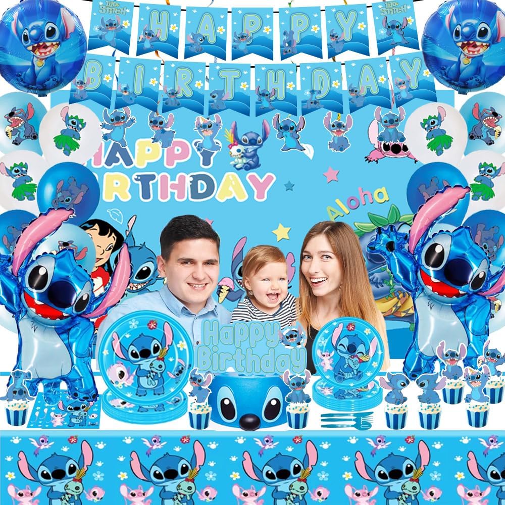 Blue Cartoon Theme Birthday Party Supplies Decorations, Including Birthday Banner, Tablecloth, Backdrop, Hanging Swirls, Balloons, Cake Toppers, Plates, Forks, Spoons for kawaii Party