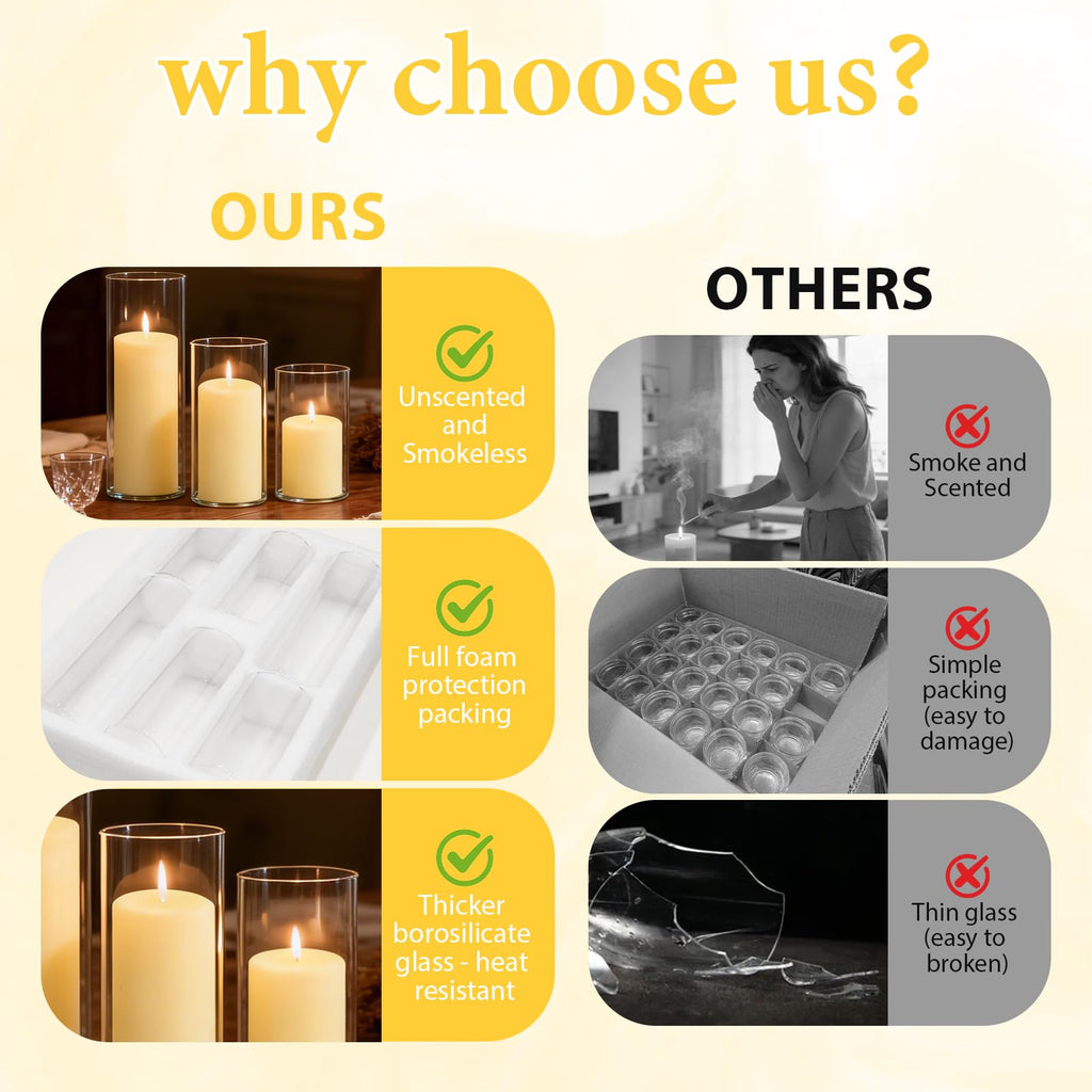12-Pack Pillar Candles & 12-Pack Glass Cylinder Hurricane Candles Decor Set-Mixed Heights