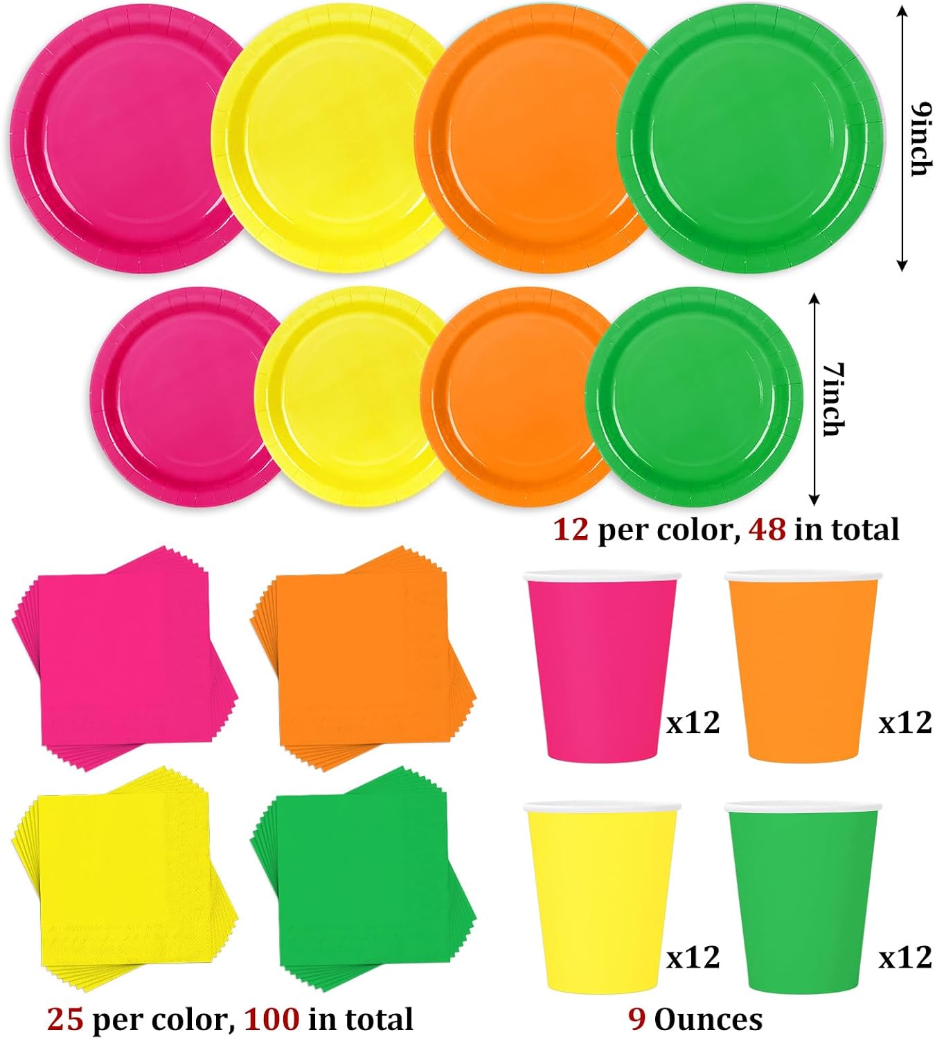 Whaline 244 Pcs Neon Party Supplies Set Include 7 & 9 Inch Rainbow Color Paper Plates Napkins 9oz Cups Disposable Dinnerware for Neon Glow Birthday Baby Shower Wedding Picnic Party, Serves 48 Guests