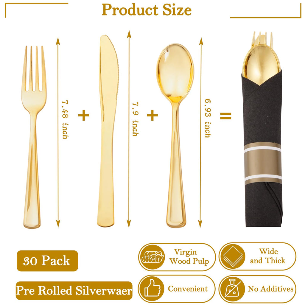 120 Pack Black Plastic Silverware Rolled Silverware Disposable | Pre Rolled Silverware Set Disposable Wrapped Cutlery Set for Catering, Parties, Wedding, Birthday& Special Events