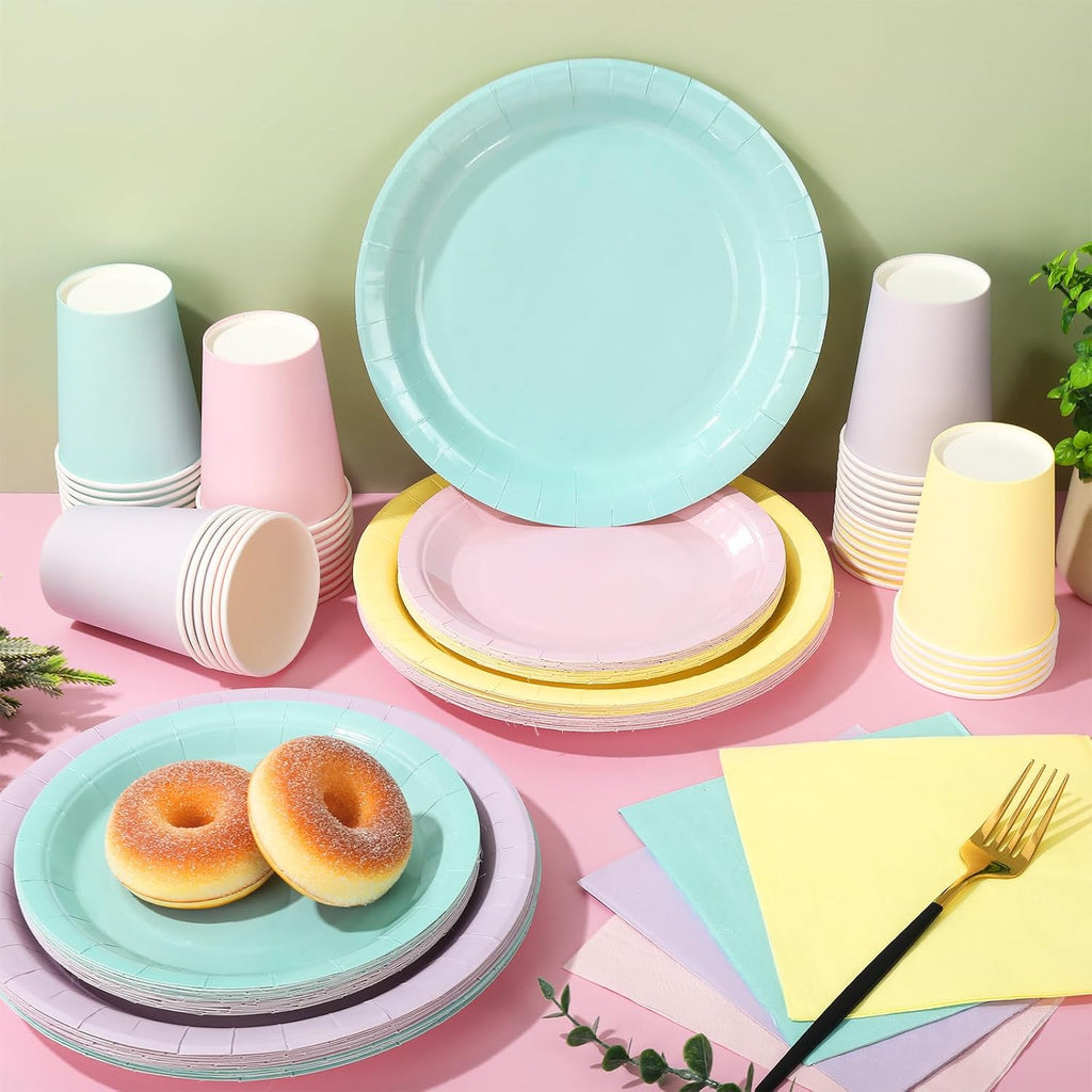 Whaline 244 Pcs Neon Party Supplies Set Include 7 & 9 Inch Rainbow Color Paper Plates Napkins 9oz Cups Disposable Dinnerware for Neon Glow Birthday Baby Shower Wedding Picnic Party, Serves 48 Guests