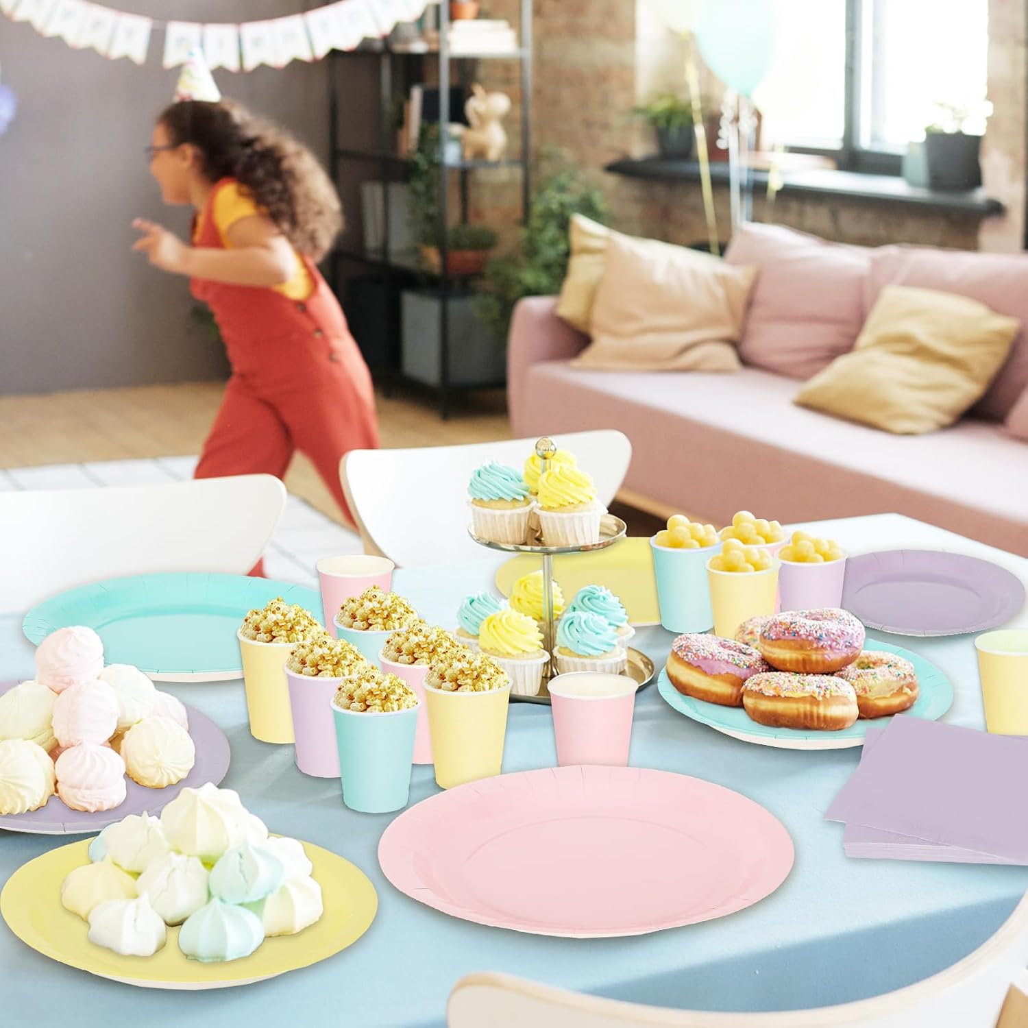 Whaline 244 Pcs Neon Party Supplies Set Include 7 & 9 Inch Rainbow Color Paper Plates Napkins 9oz Cups Disposable Dinnerware for Neon Glow Birthday Baby Shower Wedding Picnic Party, Serves 48 Guests