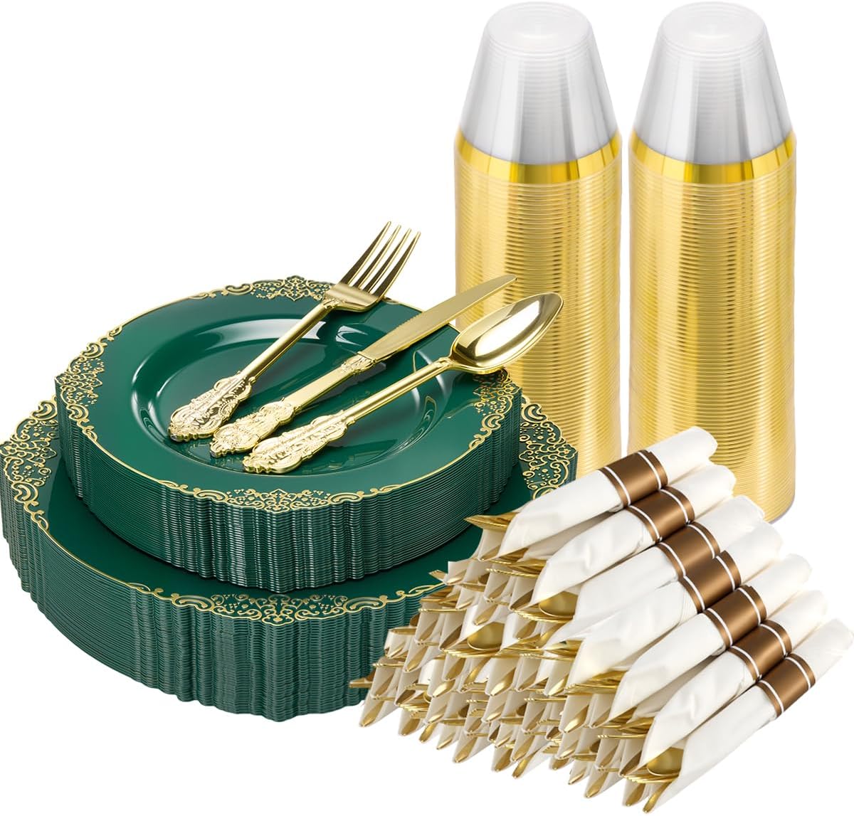 realluck 175 Piece Green and Gold Dinnerware Set for 25 Guests | Disposable Dinnerware Includes: 50 Disposable Plates, 75 Silverwares, 25 Cups, 25 Napkins for Party, Wedding, Graduation