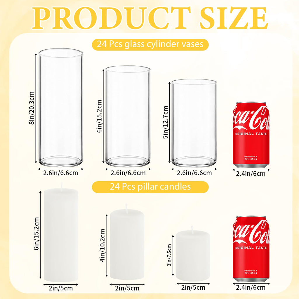 12-Pack Pillar Candles & 12-Pack Glass Cylinder Hurricane Candles Decor Set-Mixed Heights