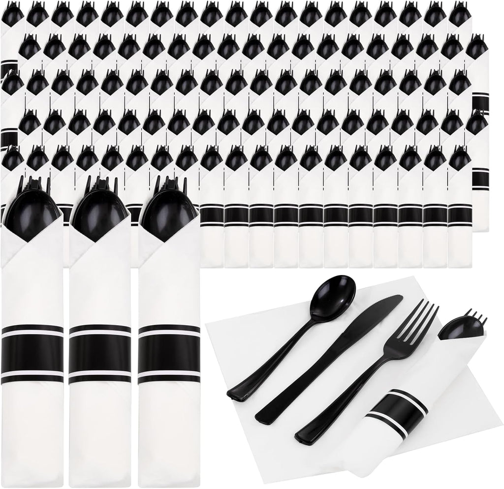 120 Pack Black Plastic Silverware Rolled Silverware Disposable | Pre Rolled Silverware Set Disposable Wrapped Cutlery Set for Catering, Parties, Wedding, Birthday& Special Events