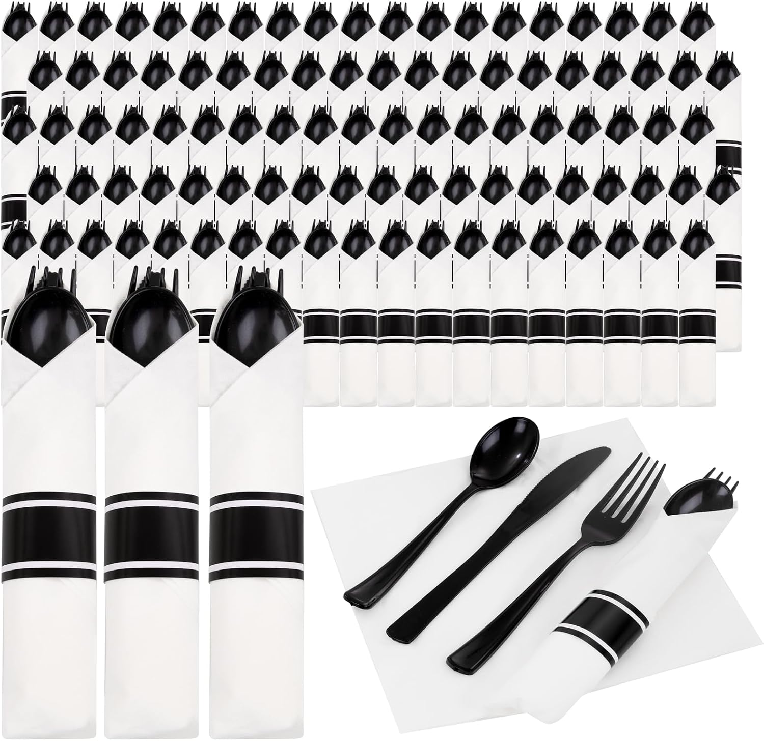 120 Pack Black Plastic Silverware Rolled Silverware Disposable | Pre Rolled Silverware Set Disposable Wrapped Cutlery Set for Catering, Parties, Wedding, Birthday& Special Events