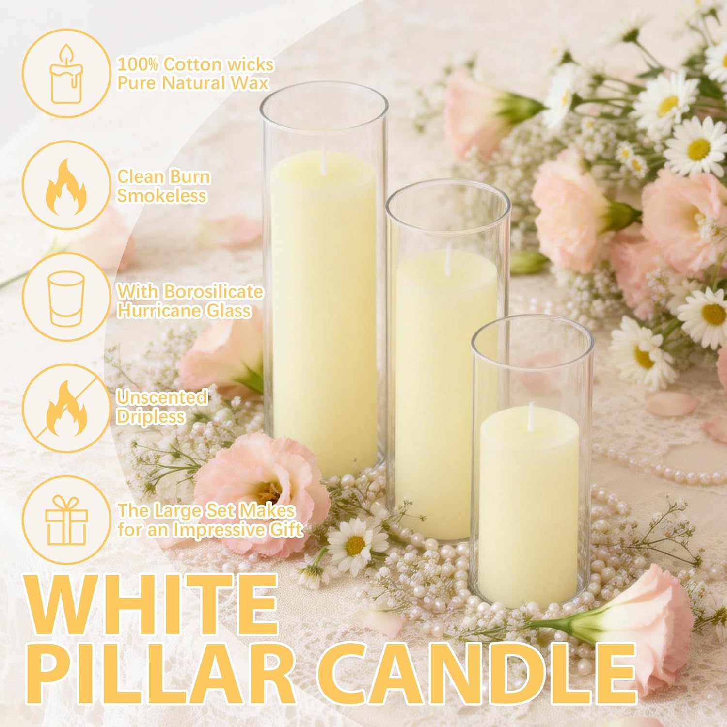 12-Pack Pillar Candles & 12-Pack Glass Cylinder Hurricane Candles Decor Set-Mixed Heights