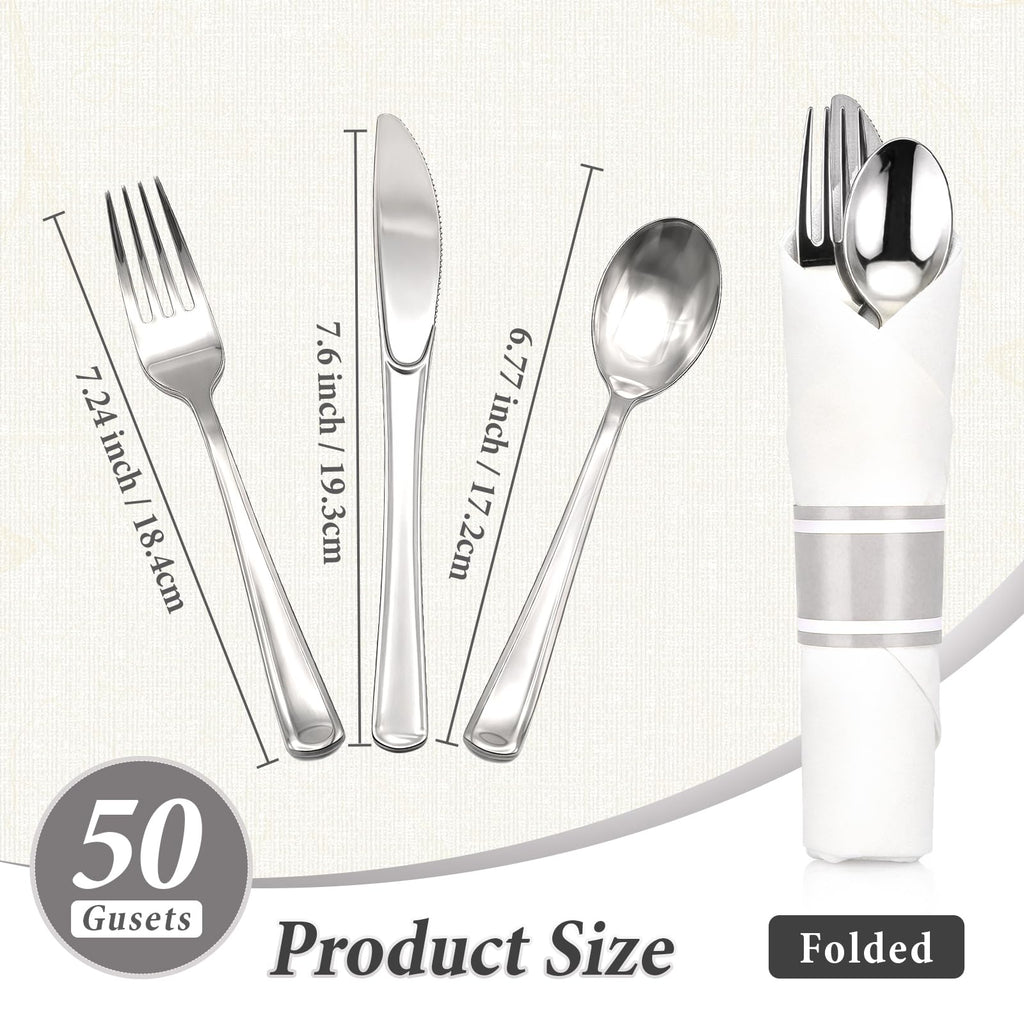 Gold Plastic Silverware 50 Guests Wrapped Cutlery Set Disposable | Pre Rolled Silverware Set Include 50 Forks,50 Knives,50 Spoons and 50 Napkins Heavy Duty Disposable Utensils for Party