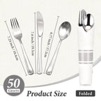 Gold Plastic Silverware 50 Guests Wrapped Cutlery Set Disposable | Pre Rolled Silverware Set Include 50 Forks,50 Knives,50 Spoons and 50 Napkins Heavy Duty Disposable Utensils for Party