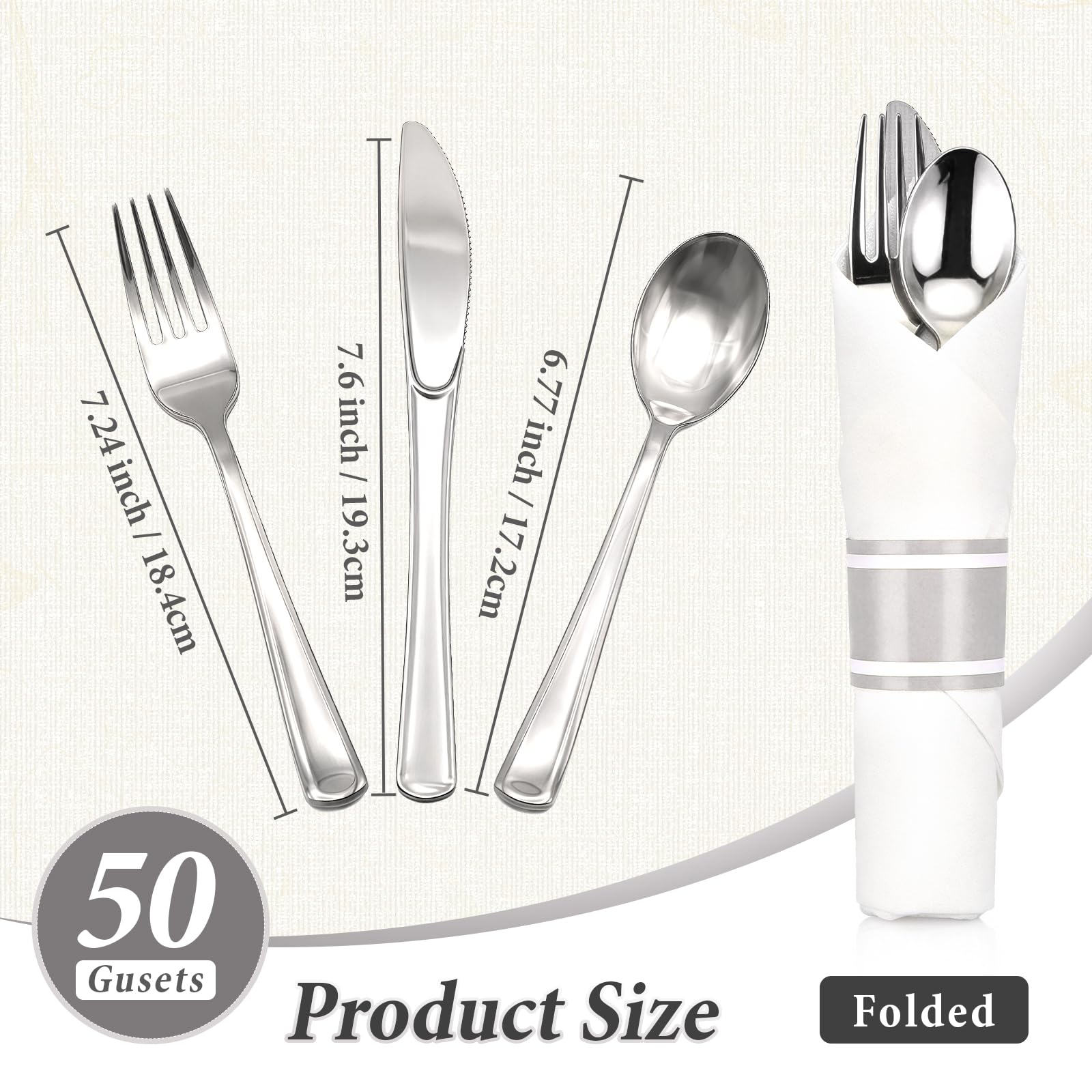 Gold Plastic Silverware 50 Guests Wrapped Cutlery Set Disposable | Pre Rolled Silverware Set Include 50 Forks,50 Knives,50 Spoons and 50 Napkins Heavy Duty Disposable Utensils for Party