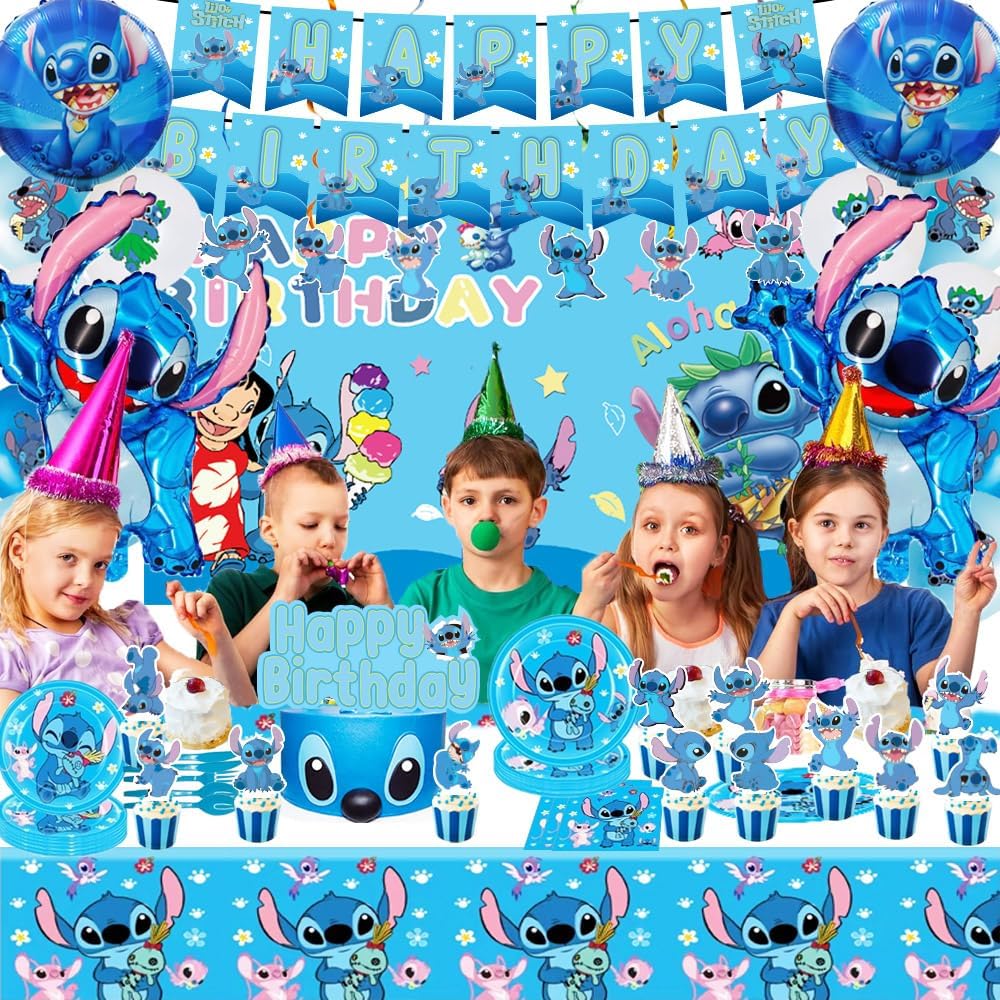 Blue Cartoon Theme Birthday Party Supplies Decorations, Including Birthday Banner, Tablecloth, Backdrop, Hanging Swirls, Balloons, Cake Toppers, Plates, Forks, Spoons for kawaii Party