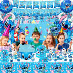 Blue Cartoon Theme Birthday Party Supplies Decorations, Including Birthday Banner, Tablecloth, Backdrop, Hanging Swirls, Balloons, Cake Toppers, Plates, Forks, Spoons for kawaii Party