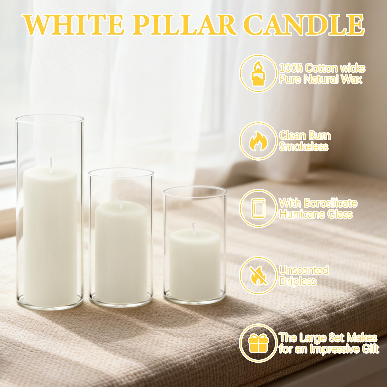 12-Pack Pillar Candles & 12-Pack Glass Cylinder Hurricane Candles Decor Set-Mixed Heights