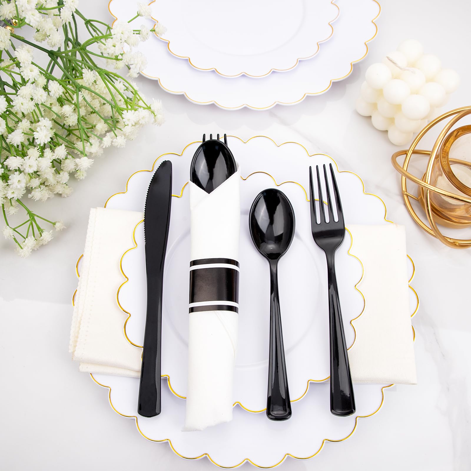 120 Pack Black Plastic Silverware Rolled Silverware Disposable | Pre Rolled Silverware Set Disposable Wrapped Cutlery Set for Catering, Parties, Wedding, Birthday& Special Events