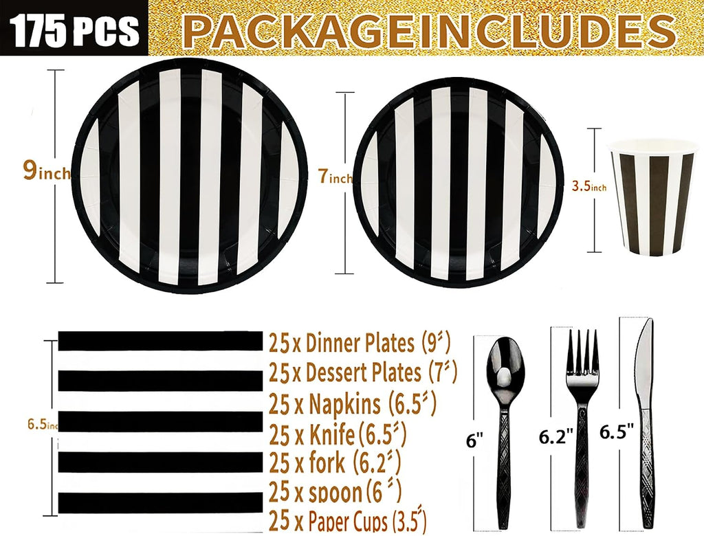 Serve25 175Pcs Black & White Striped Party Supplies - 9" & 7" Striped Paper Plates, Napkins, Cups, Cutlery for Black & White Birthday Party Decorations